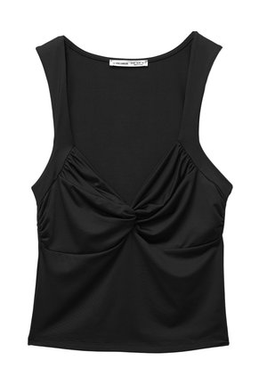 Top noir sans manches en tissu lisse, avec un détail de nœud tordu à l'avant et une coupe décontractée. Encolure arrondie et larges bretelles.