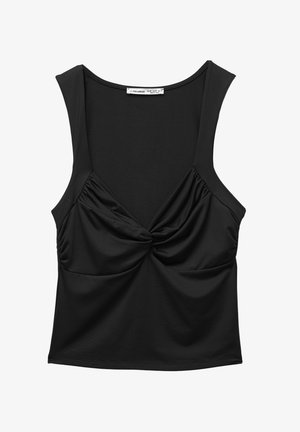 Zwarte zonder mouwen top van gladde stof, met een gedraaide knoopdetail aan de voorkant en een relaxte pasvorm. Rond de hals en brede schouderbanden.