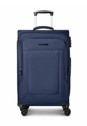 Valise souple bleu marine avec poignée télescopique, poche zippée à l'avant et quatre roues pivotantes pour un roulage facile.