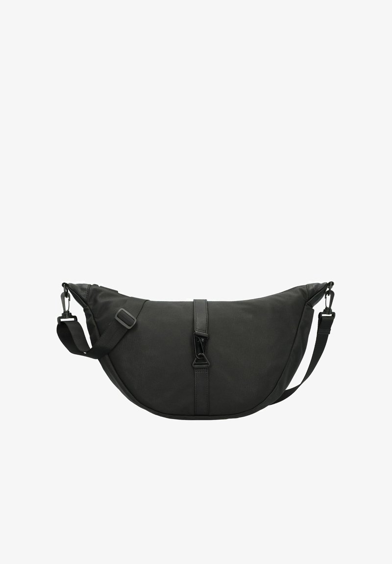 Borsa a tracolla nera con forma curva, realizzata in materiale morbido. Presenta una chiusura centrale con cinturino e una tracolla laterale regolabile.