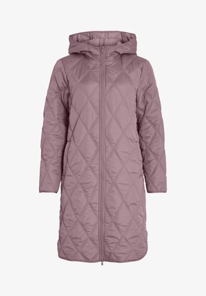 Gestepptes langes Kleid in hellem Mauve mit einem Reißverschluss vorne und Kapuze. Merkmale ein Rautenmuster und lange Ärmel. Weiche, glatte Textur.