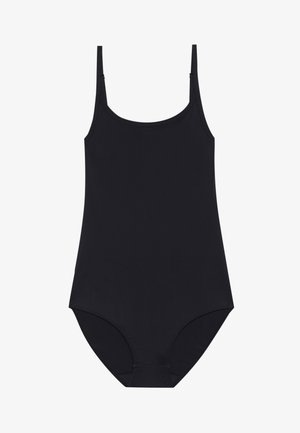 Black one-piece swimsuit with thin straps. Made of smooth fabric, it features a classic cut with a high leg opening and minimal detailing.
