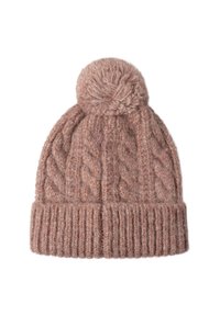 Bonnet en tricot torsadé en matériau doux et rose clair, avec un bord côtelé et un pompon sur le dessus. Texturé et chaud pour les vêtements d'hiver.