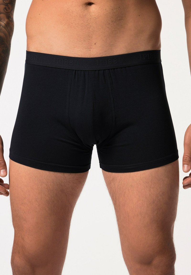 Black stretch cotton boxer briefs with a soft waistband featuring embossed branding. The design is form-fitting with short legs.