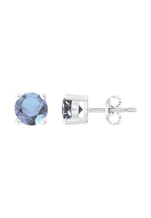 Paar silberne Stecker mit runden blauen Edelsteinen, einer von vorne und einer von der Seite mit Schmetterlingsverschluss.
