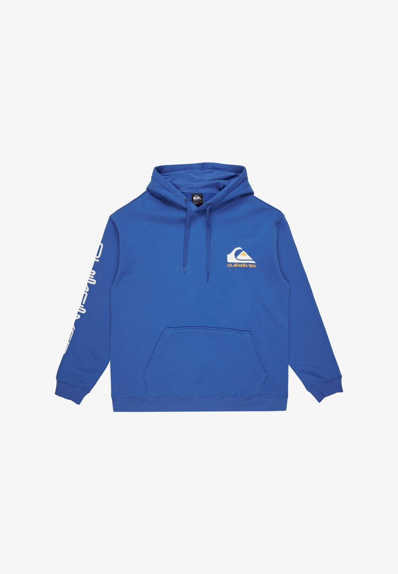 Sudadera con capucha azul de algodón, con un bolsillo frontal, cordón de ajuste y logo de Quiksilver en el pecho y la manga. Textura suave.