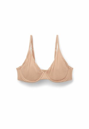 Naakt zachte stoffen beha met driehoekige cups, dunne verstelbare bandjes en een naadloos ontwerp. Heeft een subtiele glans en geen hardware accenten.