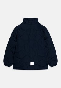 Navy blue puffer jacket featuring a high collar, wavy stitched pattern, elastic cuffs, and a small white label at the hem.