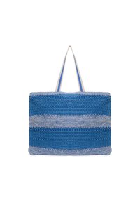 Borsa tote a righe blu e bianche realizzata in materiale tessuto. Presenta due manici in tessuto e una forma rettangolare spaziosa.