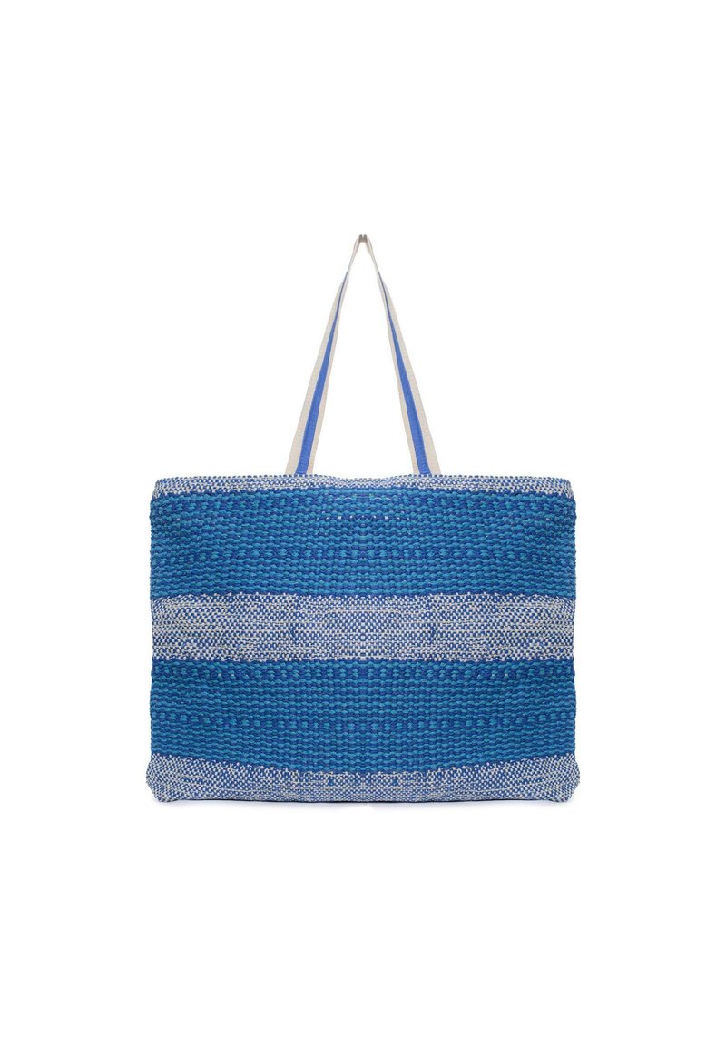 Borsa tote a righe blu e bianche realizzata in materiale tessuto. Presenta due manici in tessuto e una forma rettangolare spaziosa.
