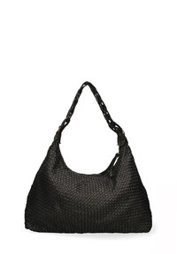 Zwarte geweven schoudertas met een slouchy vorm, voorzien van een gevlochten handvat en een soepele textuur, gedetailleerd met subtiele stiksels.
