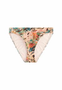 Bas de bikini multicolore avec un motif tropical présentant des nuances de pêche, de teal et de noir. Tissu lisse avec une coupe classique et une taille élastique.