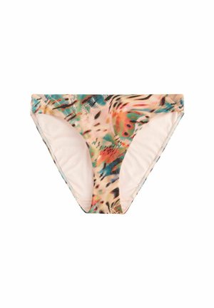 Bas de bikini multicolore avec un motif tropical présentant des nuances de pêche, de teal et de noir. Tissu lisse avec une coupe classique et une taille élastique.