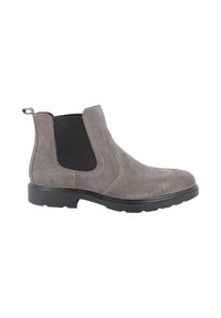 Stivali Chelsea in suede grigio con pannelli elasticizzati ai lati, un tassello posteriore e una suola in gomma nera testurizzata con un lieve tacco.