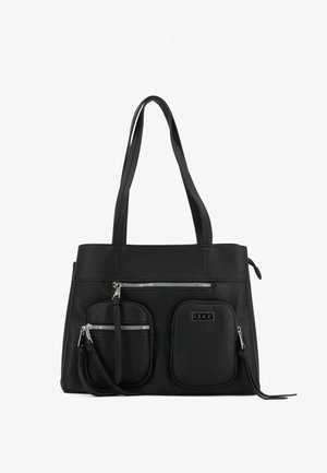 Borsa a tracolla in pelle nera con due tasche frontali con zip, zip argentate e manici lunghi per il trasporto.