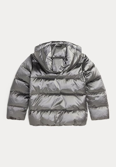 Puffer jacket in metallic grey with a hood. Features quilted sections and a smooth, shiny texture. Long sleeves and a relaxed fit.