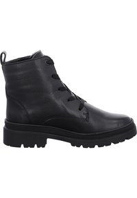 Botte de cheville en cuir noir avec un bout rond, un laçage, des coutures latérales et une semelle en caoutchouc texturé pour une adhérence optimale.