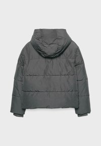 Dark gray padded jacket with horizontal stitching and attached hood shown from the back on a plain light background.