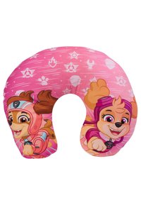 Cuscino per il collo realizzato in morbido tessuto rosa con cani dei cartoni animati. Ha una forma a U e presenta grafiche stampate di due personaggi giocosi in tute da volo.