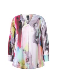 Mehrfarbige Bluse mit V-Ausschnitt, langen Ärmeln und einem abstrakten malerischen Muster in rosa, grün, schwarz und lila Tönen. Glatter Stoff.
