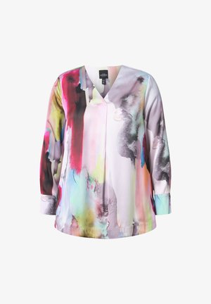 Multibarevná blůza s výstřihem do V, dlouhými rukávy a abstraktním vzorem připomínajícím malbu v růžových, zelených, černých a fialových tónech. Hladká látka.