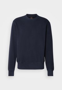 Tmavě modrá mikina s kulatým výstřihem, žebrovanými manžetami a lemem, a hladkým povrchem. Jednoduchý design bez vzorů nebo ozdob.