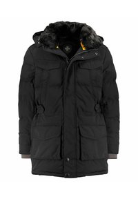 Black insulated parka with a fur-lined hood, featuring two chest pockets and two lower pockets, front zip closure, and adjustable waist.