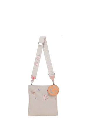 Beige Canvas-Crossbody-Tasche mit bunten Mustern. Verfügt über eine abnehmbare runde Münztasche und einen verstellbaren Trageriemen mit Herzakzent.