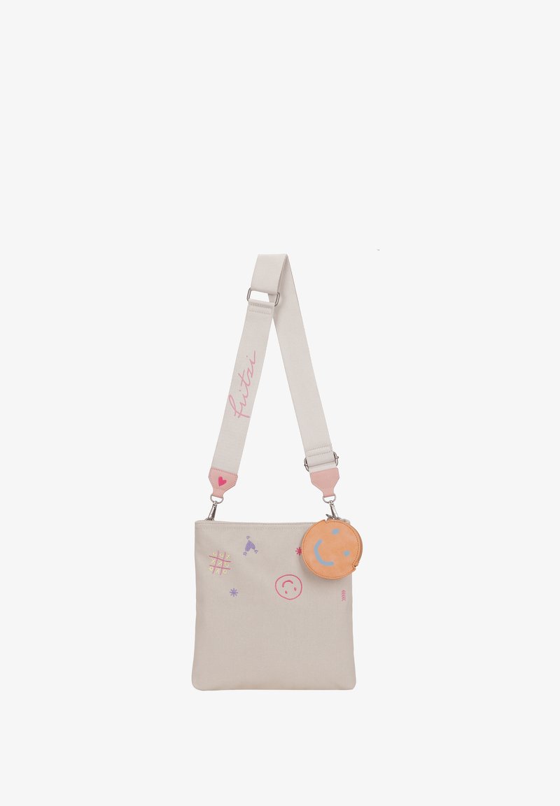 Canvas crossbody bag in beige with colorful patterns. Features a detachable round coin pouch and adjustable strap with a heart accent.