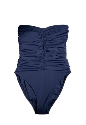 Trägerloser einteiliger Badeanzug in Marineblau mit gerafften Details entlang der vorderen Mitte und einem glatten unteren Bereich.