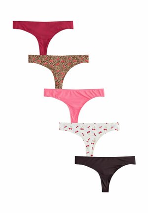Fünf Paare Damen-Stringtangas: rot, pink, Leopardenmuster, weiß mit Kirschmuster und dunkelbraun. Glatte Textur, verschiedene Designs.