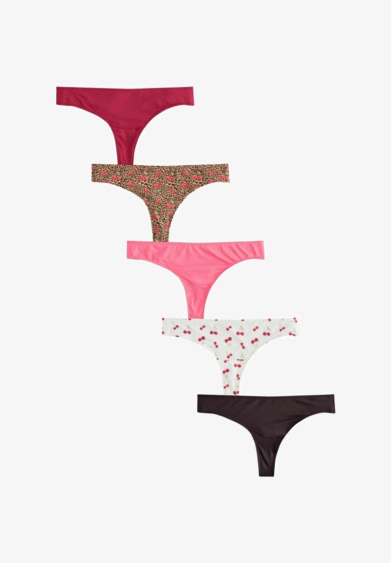 Fem par kvinnors tanga underkläder: röd, rosa, leopardmönster, vit med körsbärsmotiv och mörkbrun. Mjuk textur, varierande mönster.
