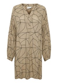 Chemise beige à manches longues avec un col, ornée d'un motif géométrique noir, d'une patte de boutonnage et d'une coupe décontractée.