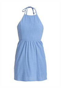 Light blue halter dress featuring a textured fabric, fitted bodice, and gathered waist. Adjustable straps tie at the neck for closure.