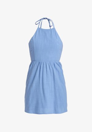 Light blue halter dress featuring a textured fabric, fitted bodice, and gathered waist. Adjustable straps tie at the neck for closure.