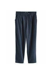 Marineblauwe broek van een lichtgewicht stof met voorpanden, zijzakken en een knoopsluiting. Rechte pijpen en een ontspannen pasvorm.