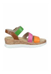 Sandale compensée avec des brides en cuir vert, rose, orange et marron ; semelle intermédiaire en liège et semelle extérieure en caoutchouc blanc. Bride arrière ajustable pour un meilleur maintien.