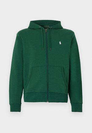 Sweat à capuche zippé vert foncé avec poches avant, capuche avec cordon de serrage, et petit logo Polo Ralph Lauren blanc sur la poitrine gauche.