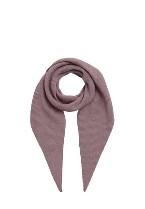 Weicher mauvefarbener gestrickter Schal, zu einer Schlaufe mit zulaufenden, spitzen Enden gefaltet, auf weißem Hintergrund dargestellt.