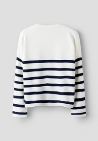 Witte trui met marineblauwe horizontale strepen, lange mouwen en een ronde halslijn. Zachte textuur met een cropped ontwerp en geen zichtbare hardware.