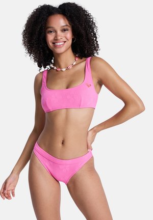 Rosa Bikini-Set mit geripptem Stoff, quadratischem Ausschnitt und Blumenmuster. Inklusive passender Hose mit hohem Bund.