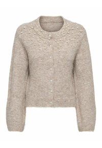 Beiger Cardigan aus weichem Material, mit Rundhalsausschnitt, Perlenverzierungen auf den Schultern und einer Knopfleiste vorne.