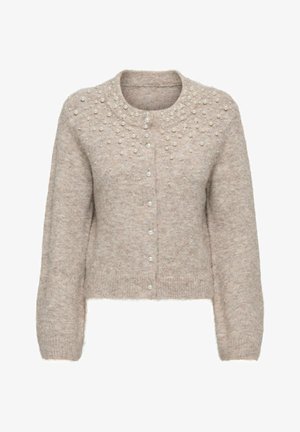 Beige cardigan laget av mykt materiale, med rund hals, perlepynt på skuldrene og knapper foran.