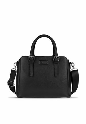 Sac à main en cuir noir avec double poignée supérieure, bandoulière réglable, finition texturée et quincaillerie métallique. Aucune motif ou accent visible.