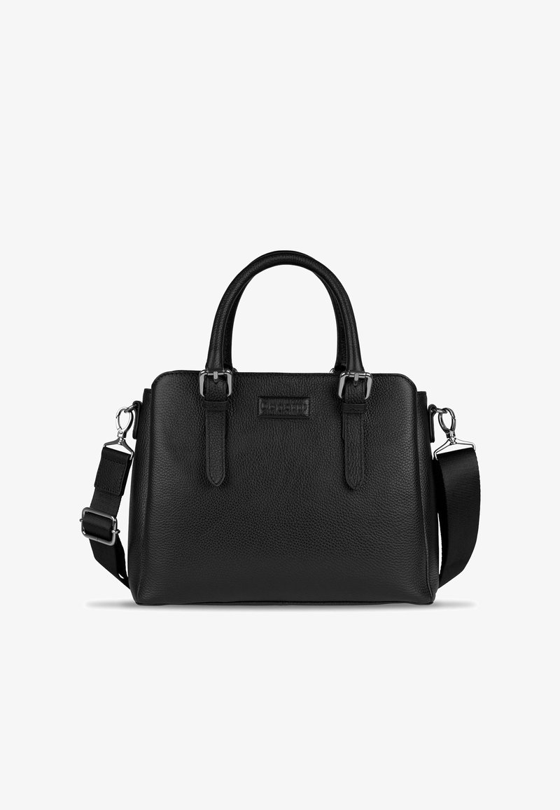Schwarze Lederhandtasche mit doppelten oberen Griffen, verstellbarem Schultergurt, strukturiertem Finish und metallischen Beschlägen. Keine sichtbaren Muster oder Akzente.