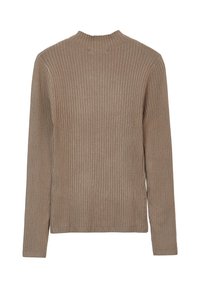 Maglione marrone a coste con maniche lunghe e collo alto. Presenta un motivo di lavorazione a maglia testurizzato ed è realizzato in un tessuto morbido.