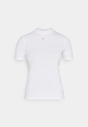 White ribbed short-sleeve t-shirt with a high neck and a small red logo positioned centrally on the chest. Smooth texture, form-fitting design.