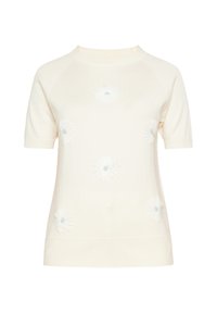 Cremefarvet kortærmet sweater med rund halsudskæring, der har broderede margueritter i hvid og lyseblå, arrangeret på forsiden. Blød tekstur.