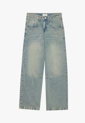 Light blue wide-leg jeans made of denim, featuring two front pockets, a button closure, and a faded wash with visible stitching.