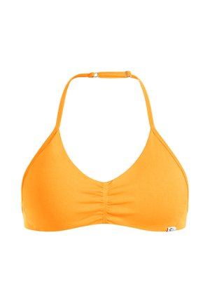 Felle oranje bikini-top met geplooid midden en verstelbare halternekbandjes. Gemaakt van gladde stof, minimale hardware zichtbaar.